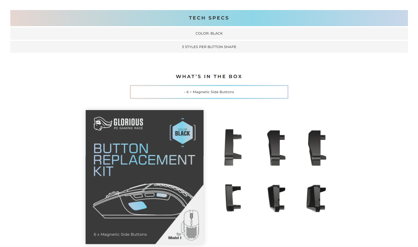 A large marketing image providing additional information about the product Glorious Model I Button Replacement Kit - Black - Additional alt info not provided